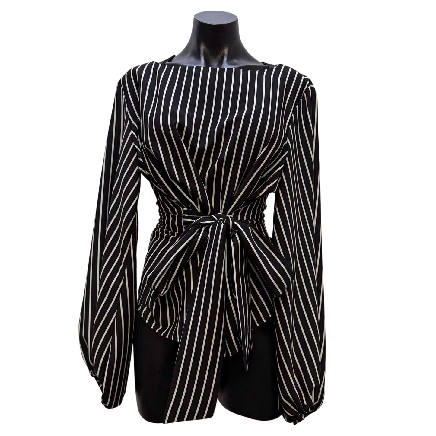 Frank Lyman Striped Black & White Blouse With Tie Waist & Long Sleeves Size 12