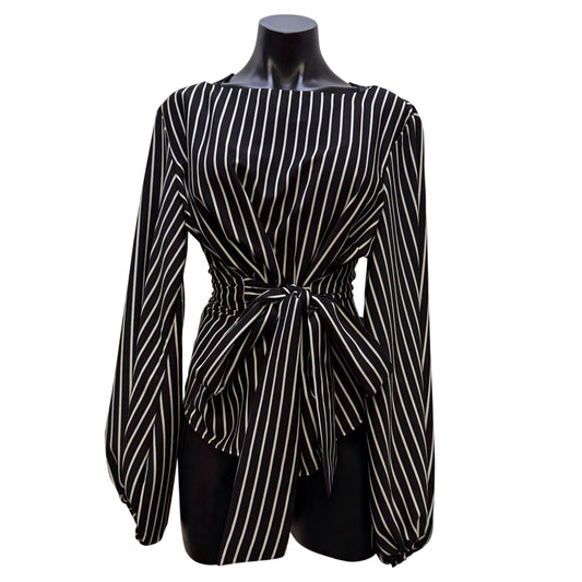 Frank Lyman Striped Black & White Blouse With Tie Waist & Long Sleeves Size 12