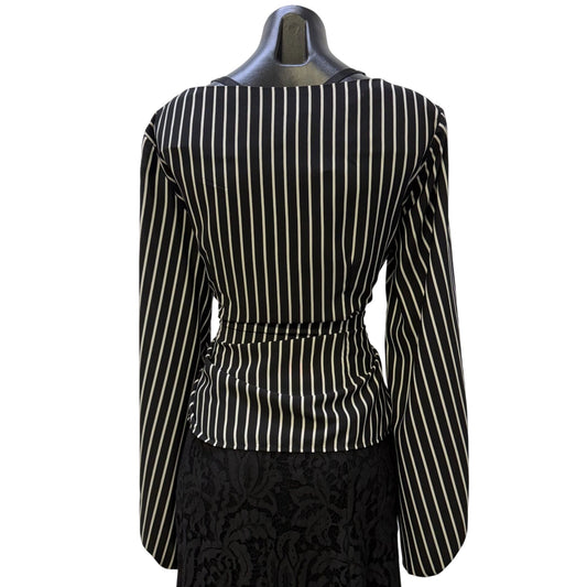 Frank Lyman Striped Black & White Blouse With Tie Waist & Long Sleeves Size 12