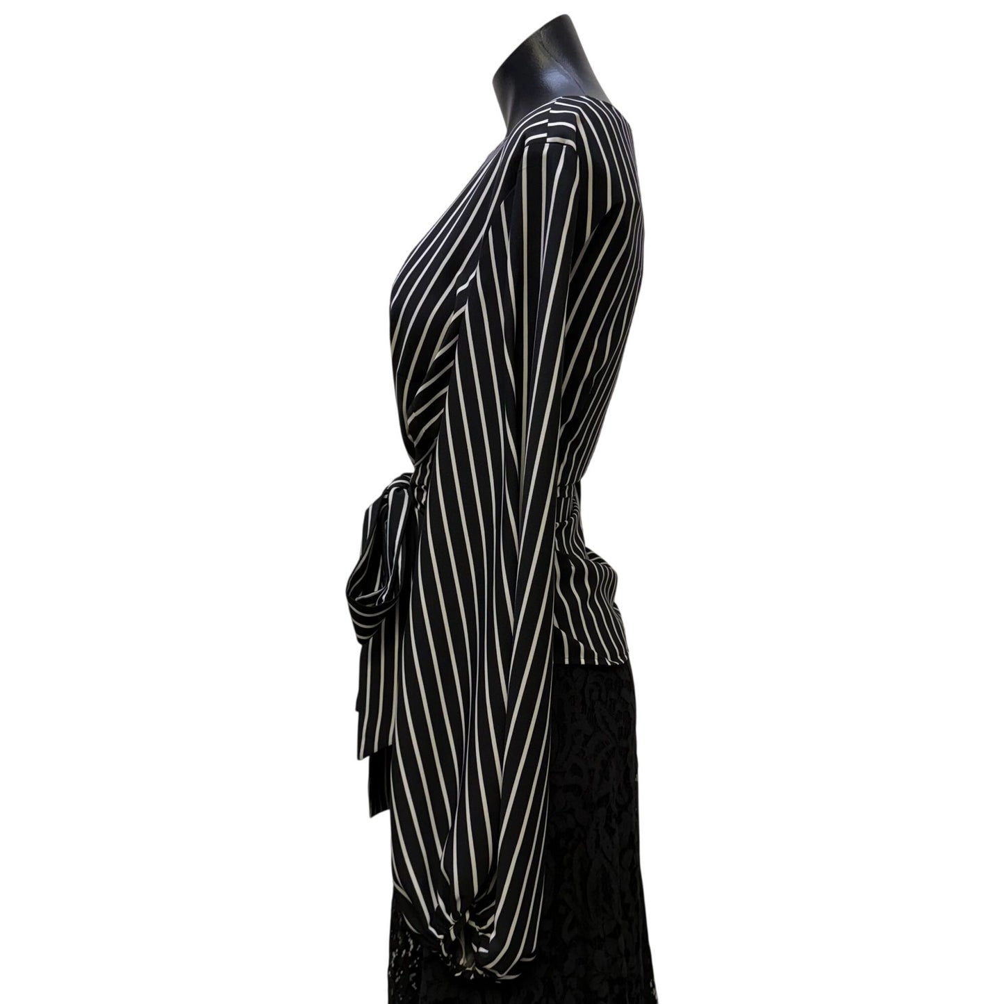 Frank Lyman Striped Black & White Blouse With Tie Waist & Long Sleeves Size 12