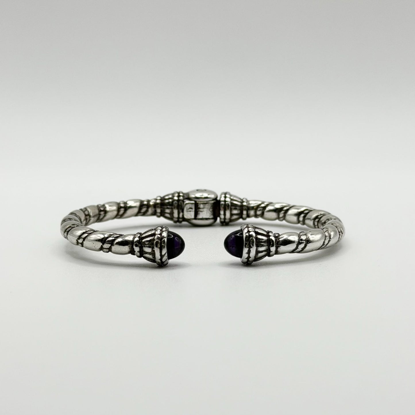 Silver Plated Hinged Bangle Bracelet With Purple Gemstone Accents