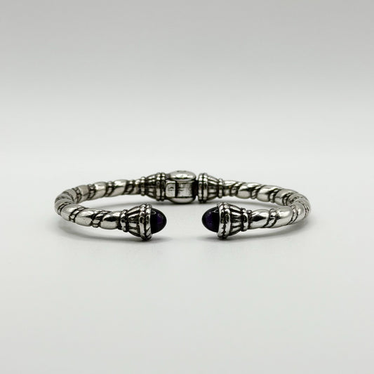 Silver Plated Hinged Bangle Bracelet With Purple Gemstone Accents