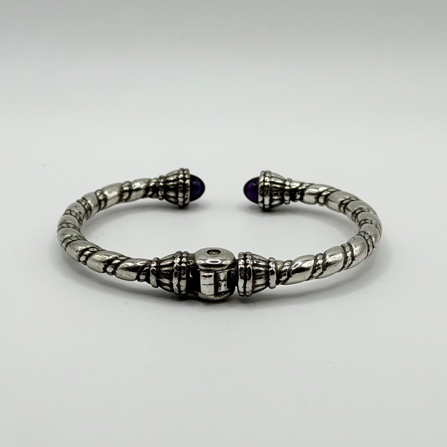 Silver Plated Hinged Bangle Bracelet With Purple Gemstone Accents