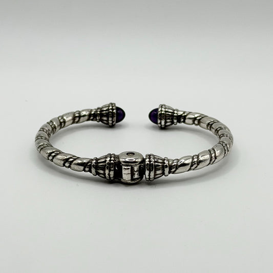 Silver Plated Hinged Bangle Bracelet With Purple Gemstone Accents