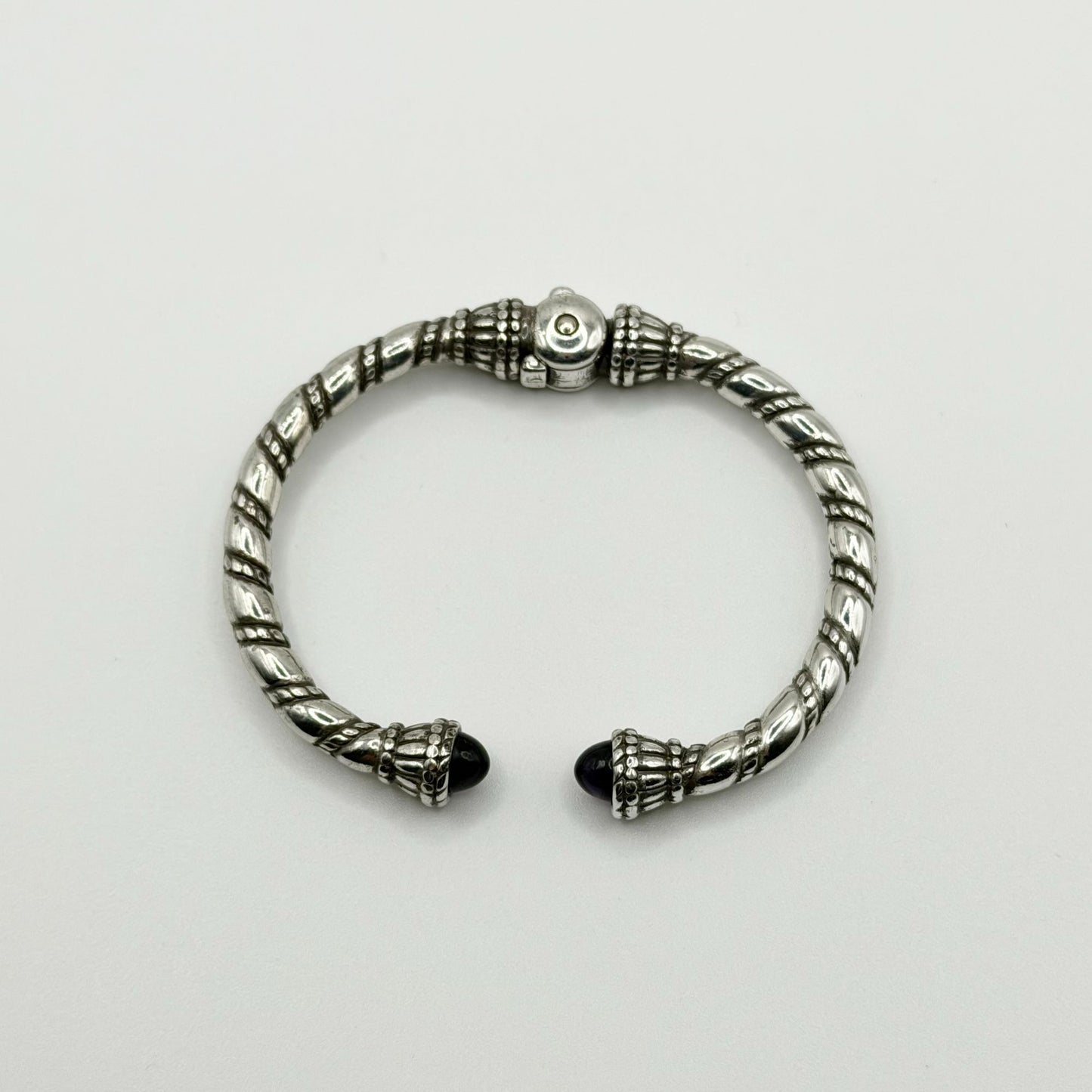 Silver Plated Hinged Bangle Bracelet With Purple Gemstone Accents