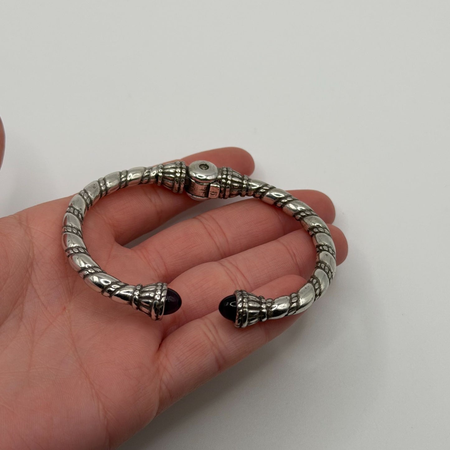 Silver Plated Hinged Bangle Bracelet With Purple Gemstone Accents