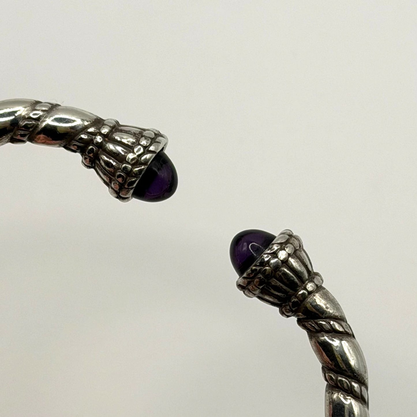 Silver Plated Hinged Bangle Bracelet With Purple Gemstone Accents