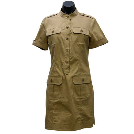 Trina Turk Button-Front Tan Dress With Mandarin Collar & Pockets 8