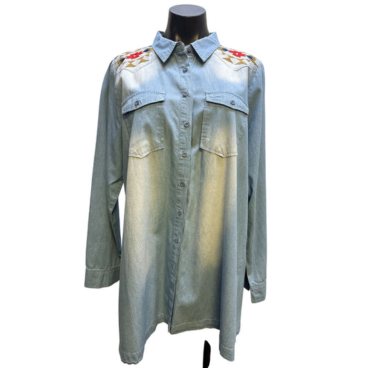 Andree Light Wash Denim Shirt w/Native Embroidery Pattern Button-Down Size L