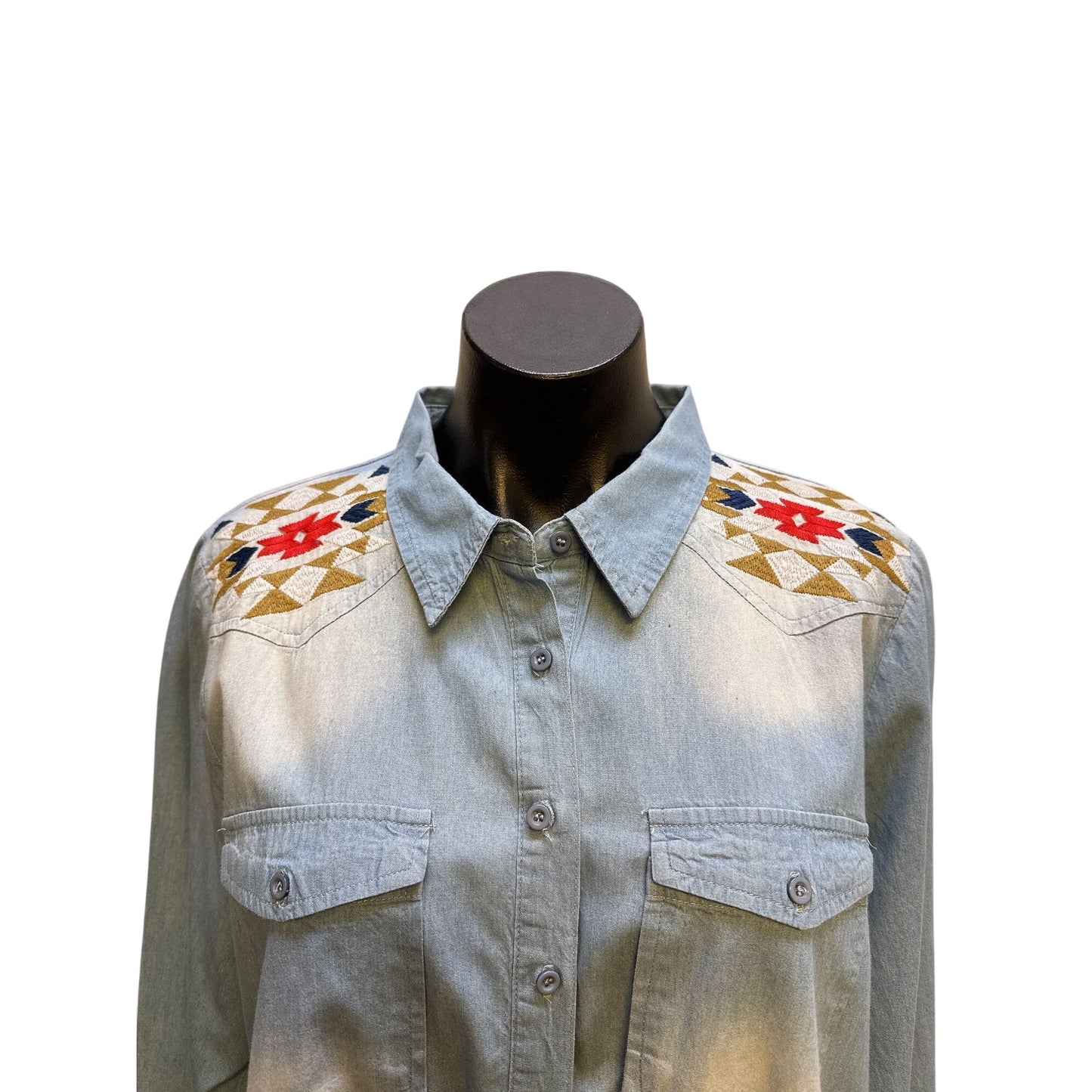 Andree Light Wash Denim Shirt w/Native Embroidery Pattern Button-Down Size L