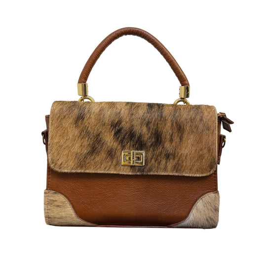 Chida Frida Brown Leather & Faux Fur Handbag With Gold-Tone Accents