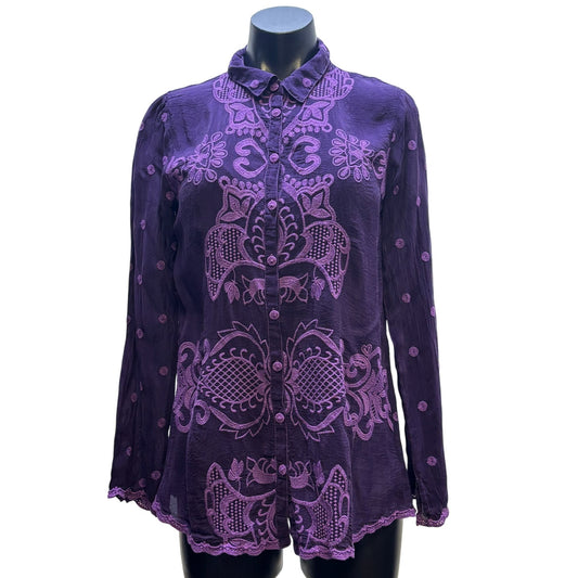 Johnny Was Embroidered Silk Blouse Wine XS Long Sleeve Button Front