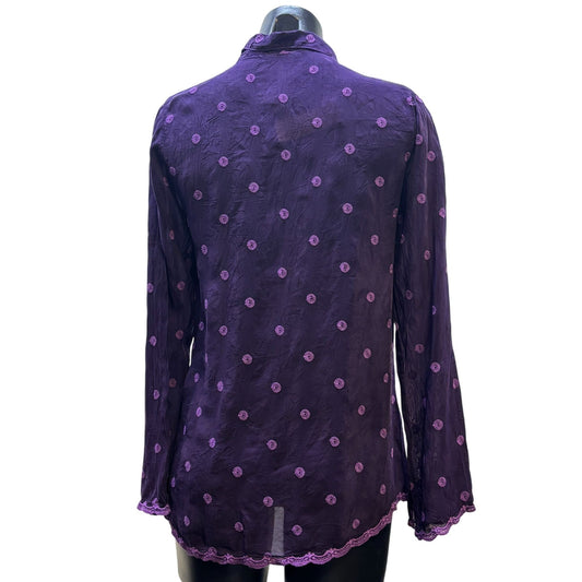 Johnny Was Embroidered Silk Blouse Wine XS Long Sleeve Button Front