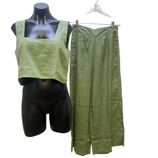 Free The Label Green Linen Crop Top & Wide-Leg Pants Set, Size Medium