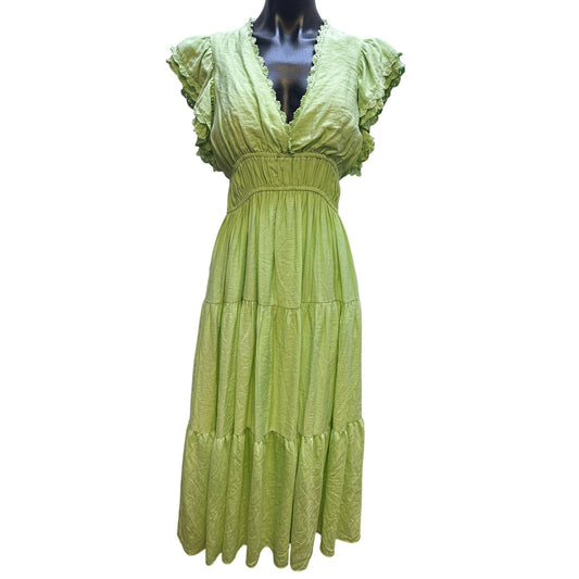 Free The Roses Green Maxi Dress w/Lace Trim Flutter Sleeves Size M