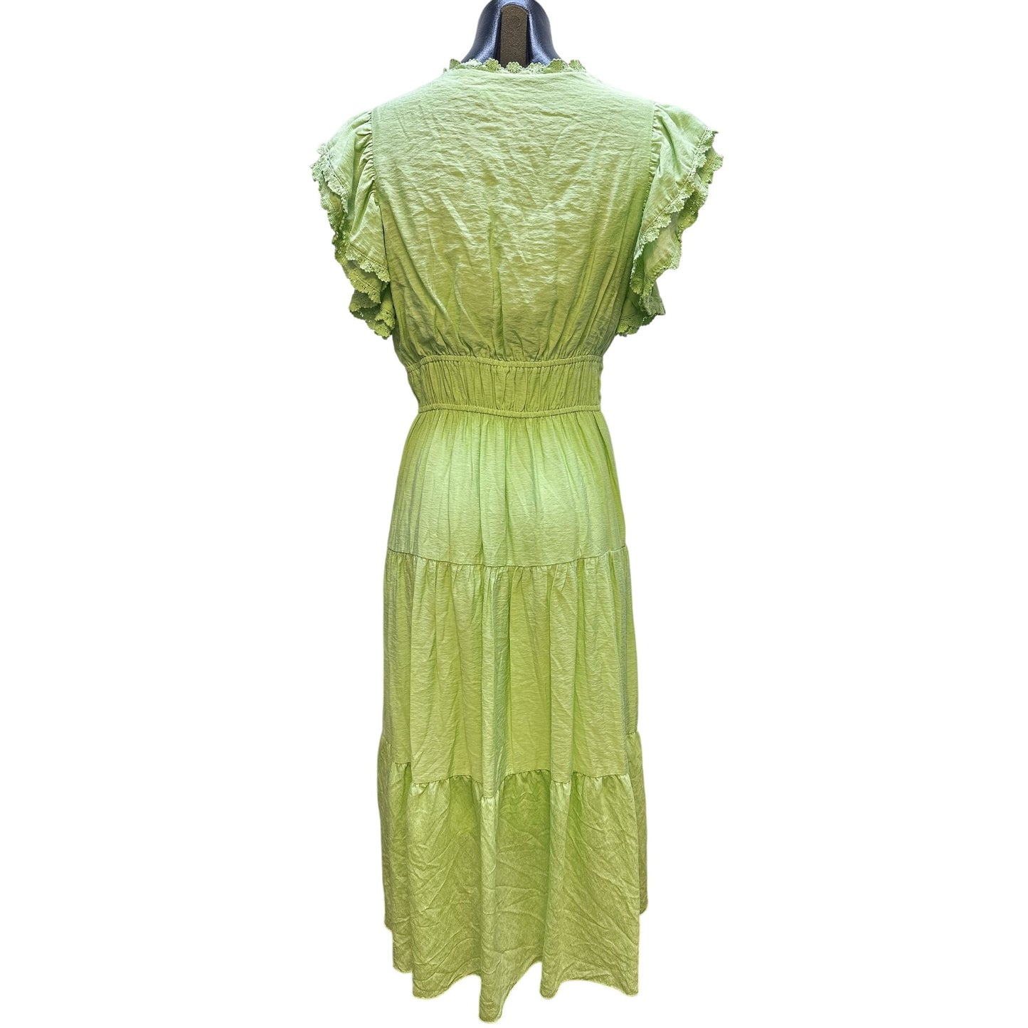 Free The Roses Green Maxi Dress w/Lace Trim Flutter Sleeves Size M