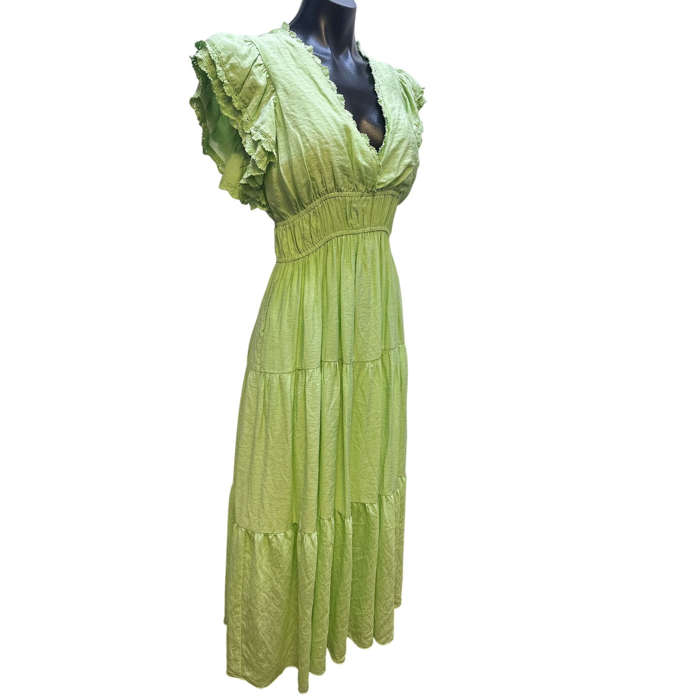 Free The Roses Green Maxi Dress w/Lace Trim Flutter Sleeves Size M