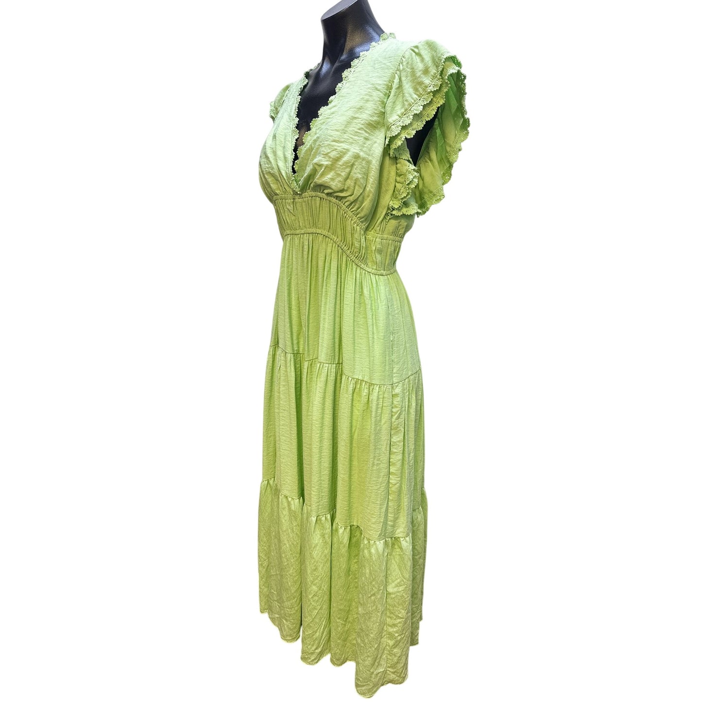 Free The Roses Green Maxi Dress w/Lace Trim Flutter Sleeves Size M