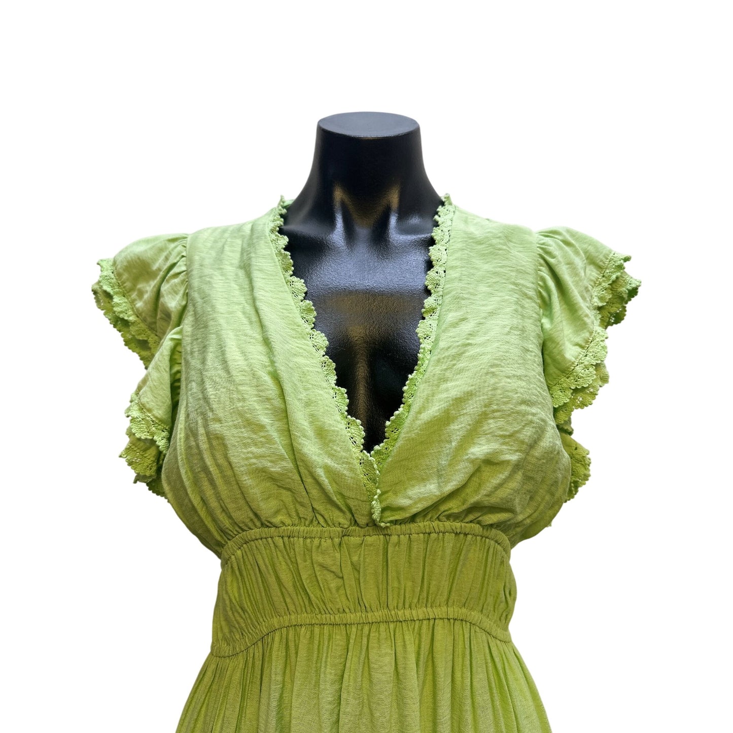 Free The Roses Green Maxi Dress w/Lace Trim Flutter Sleeves Size M