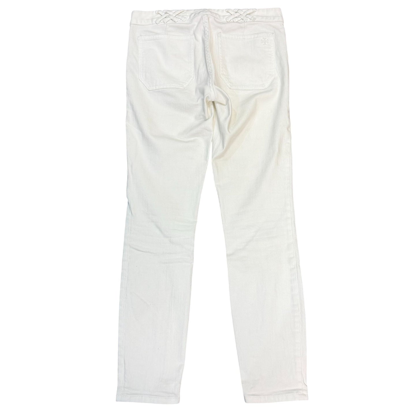 Tory Burch White Straight Leg Pants With Lattice Waist Detail Size 4/27