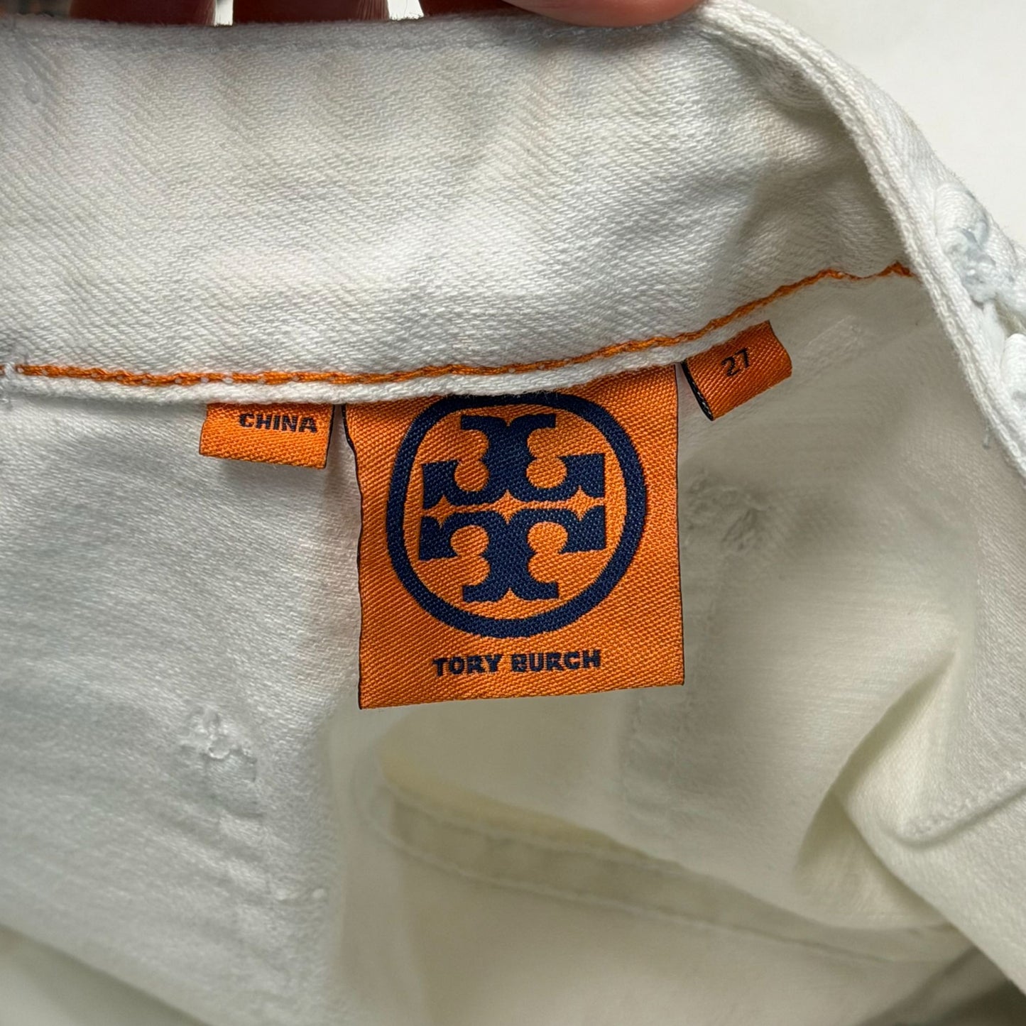 Tory Burch White Straight Leg Pants With Lattice Waist Detail Size 4/27