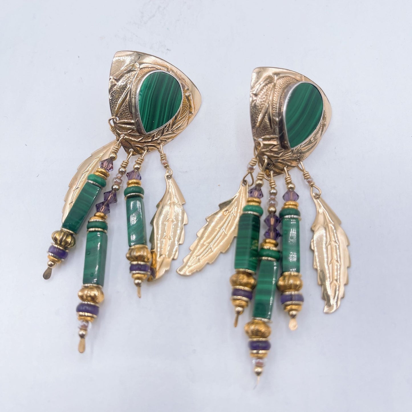 Tabra Signed Gold Malachite and Amethyst Feather Dangle Earrings