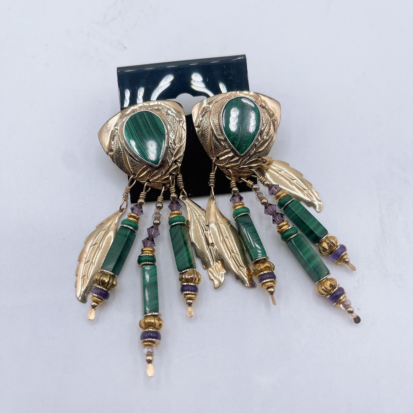 Tabra Signed Gold Malachite and Amethyst Feather Dangle Earrings