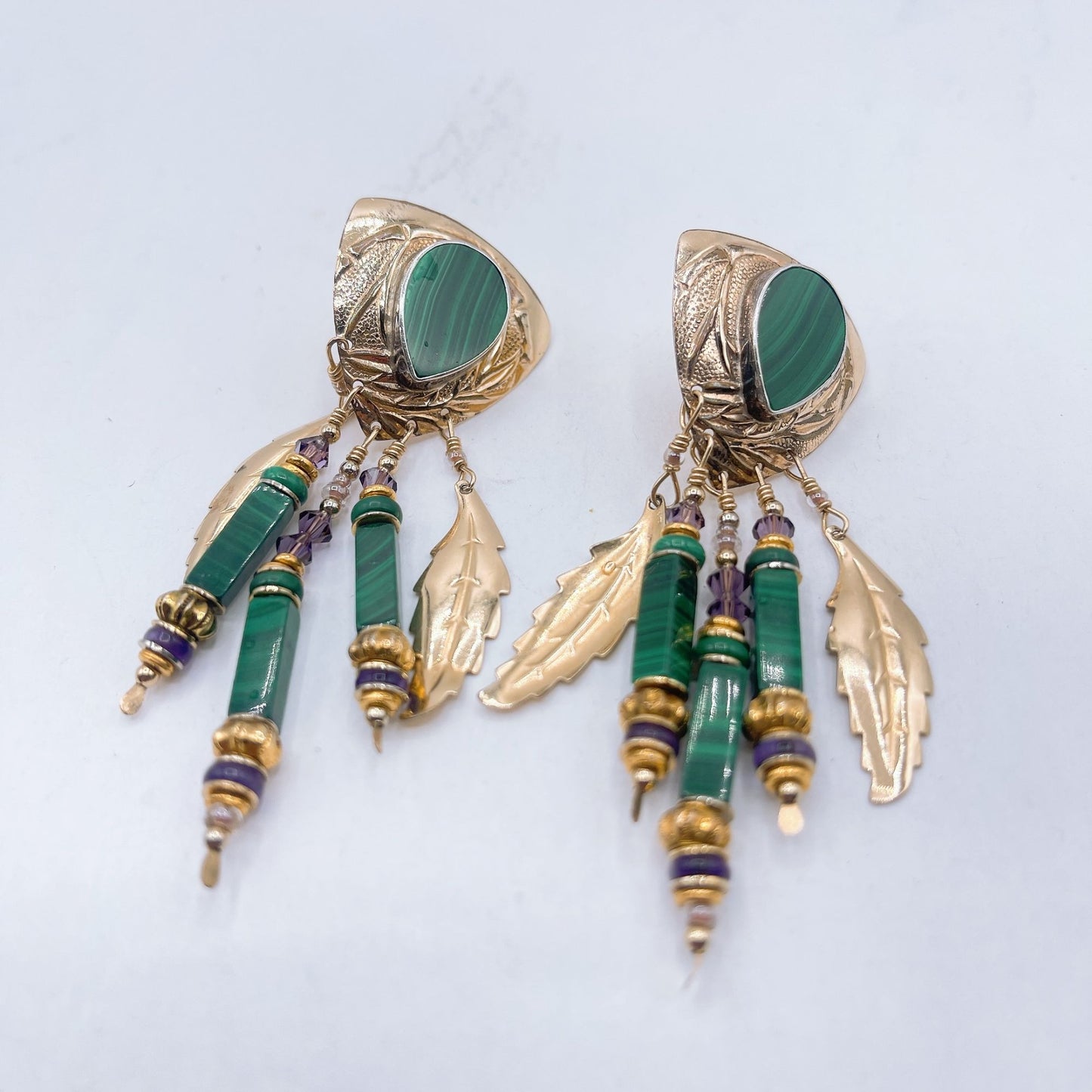 Tabra Signed Gold Malachite and Amethyst Feather Dangle Earrings