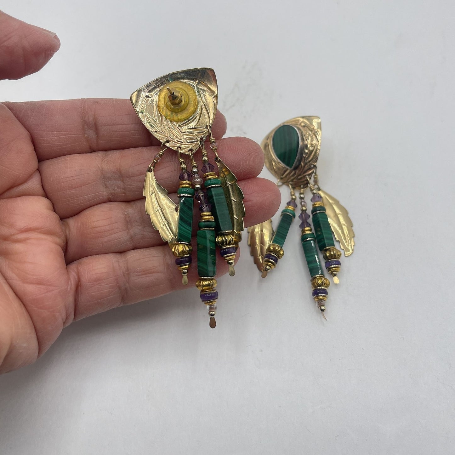 Tabra Signed Gold Malachite and Amethyst Feather Dangle Earrings