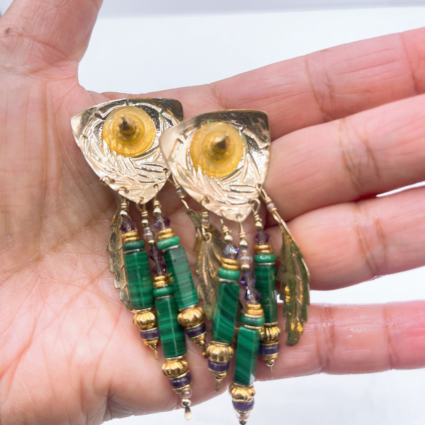 Tabra Signed Gold Malachite and Amethyst Feather Dangle Earrings