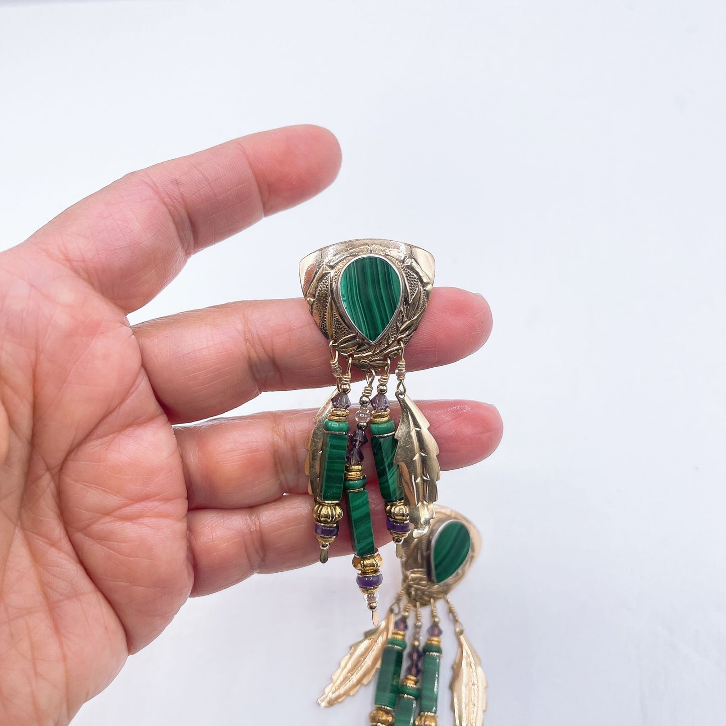 Tabra Signed Gold Malachite and Amethyst Feather Dangle Earrings