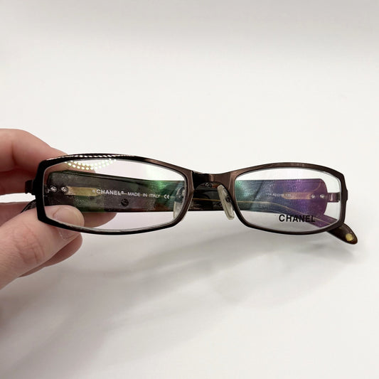 Vintage Chanel Brown Floral Rectangular Eyeglass Made In Italy