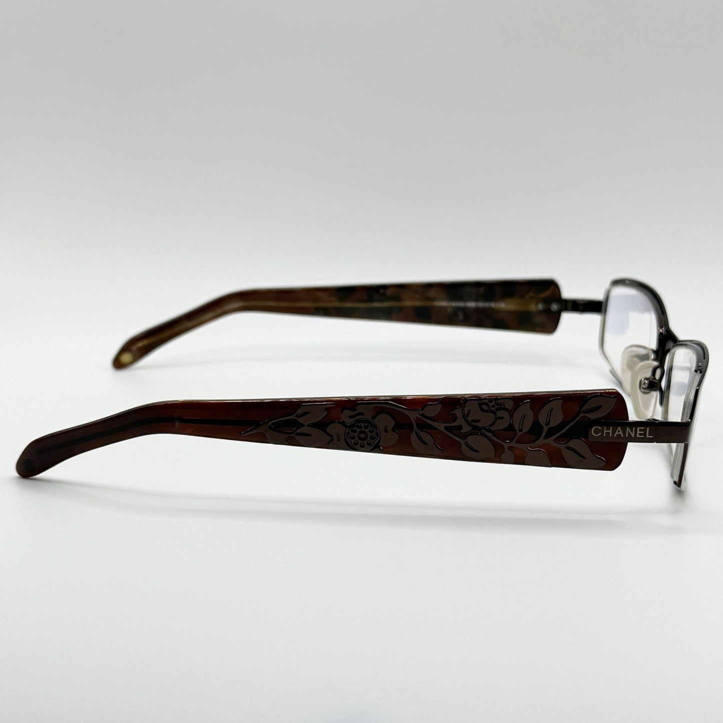 Vintage Chanel Brown Floral Rectangular Eyeglass Made In Italy