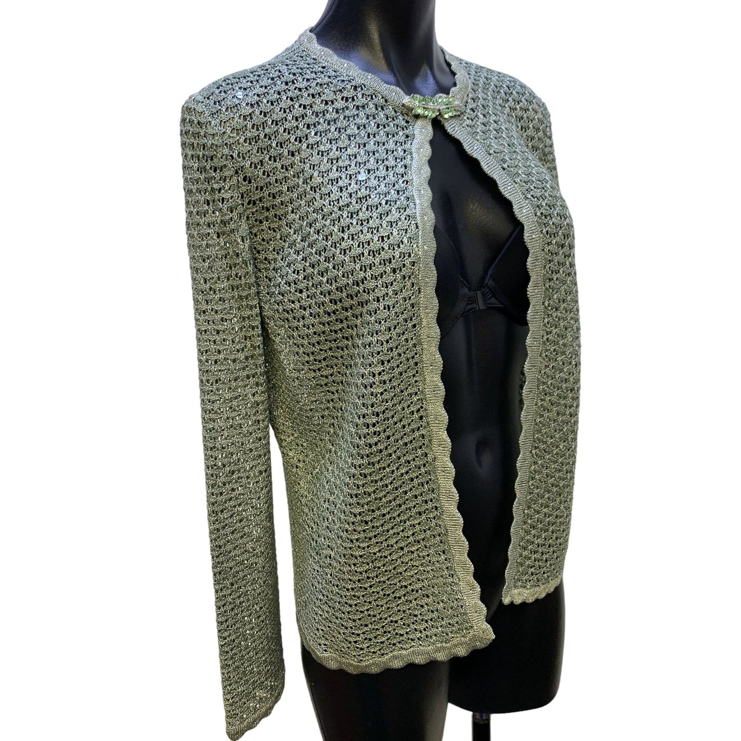*St. John Evening by Marie Gray Shimmery Green Knit Cardigan w/Jeweled Clasp Size 8