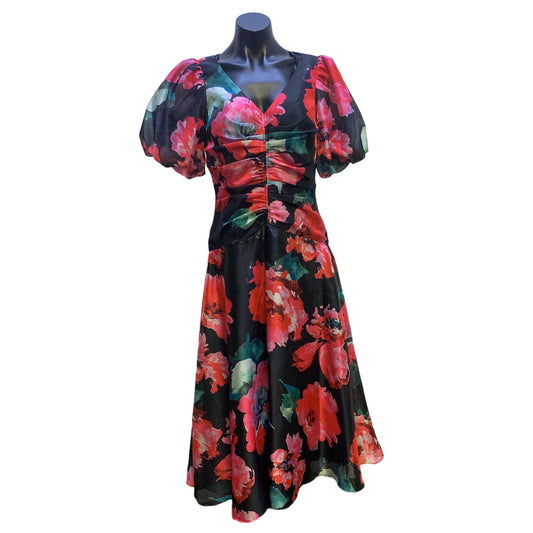 rickie freeman Teri Jon Black w/Multicolored Floral Print Evening Gown Size 4
