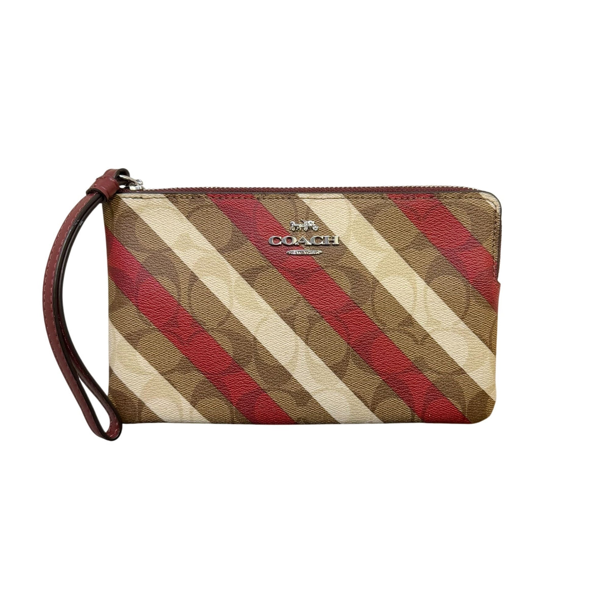 Coach Signature Stripe Wristlet Red & Khaki