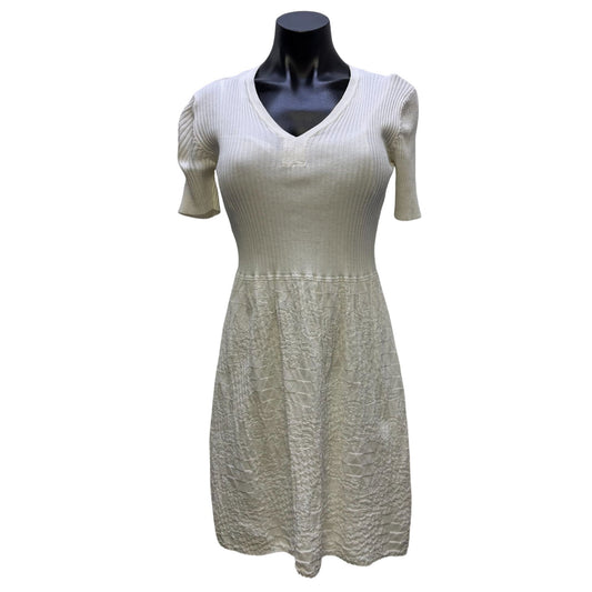 Missoni White Knit Textured Short Sleeve V-Neck Dress Size S