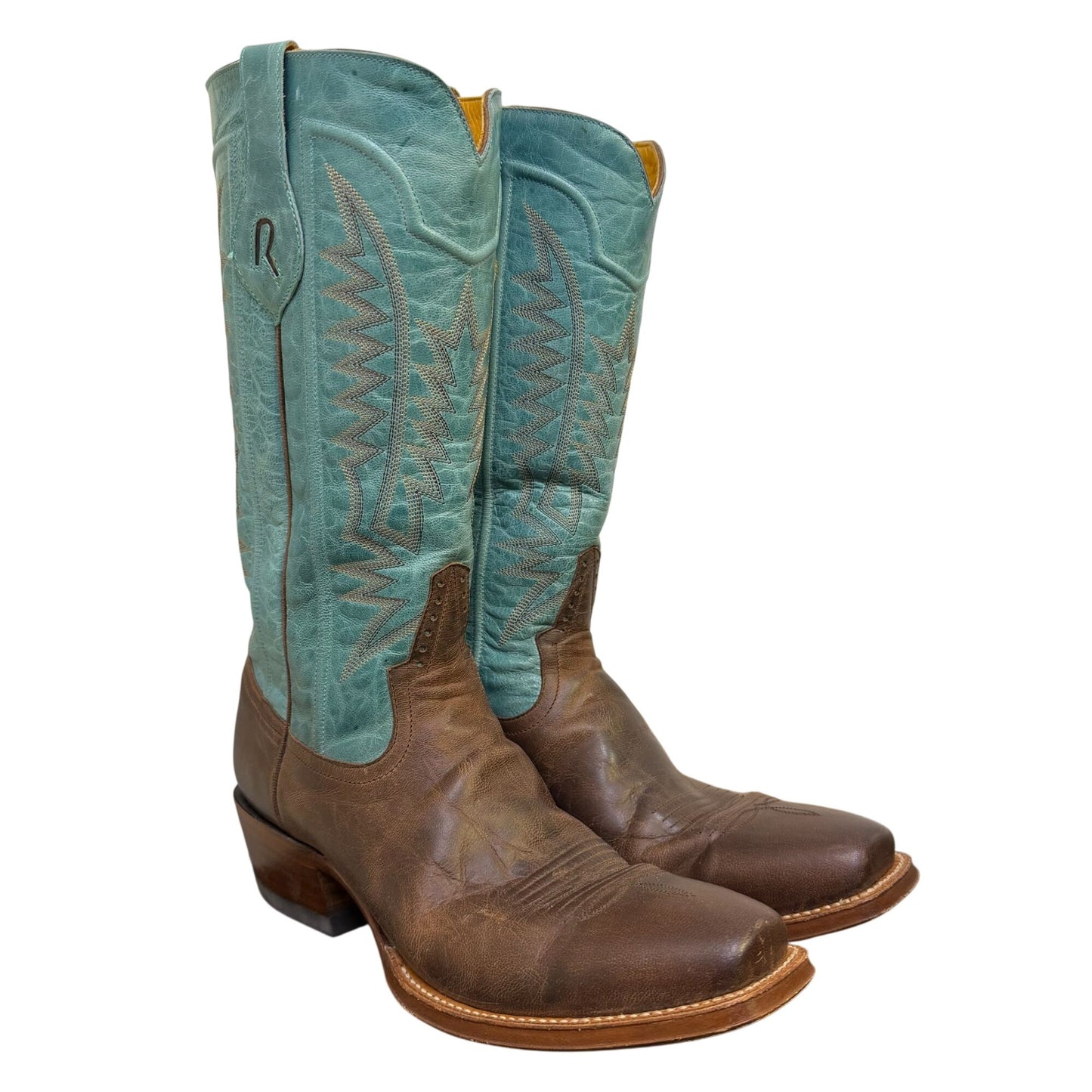 Rod Patrick Western Cowboy Boots Brown Leather & Turquoise Shaft Size 10.5