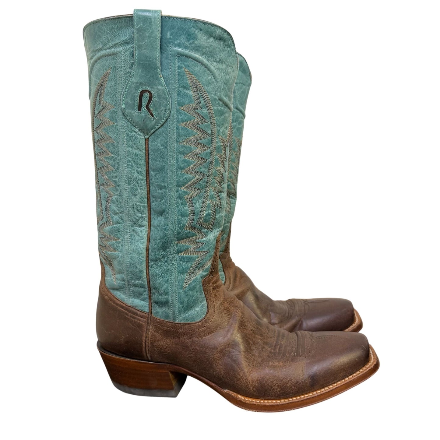 Rod Patrick Western Cowboy Boots Brown Leather & Turquoise Shaft Size 10.5