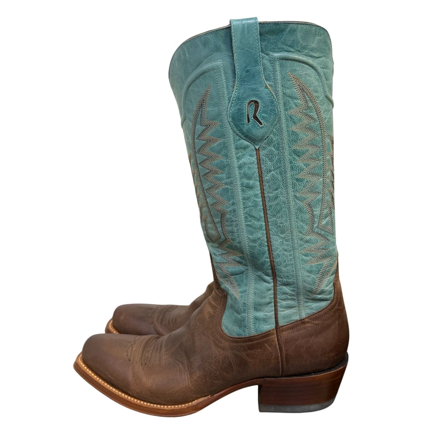 Rod Patrick Western Cowboy Boots Brown Leather & Turquoise Shaft Size 10.5