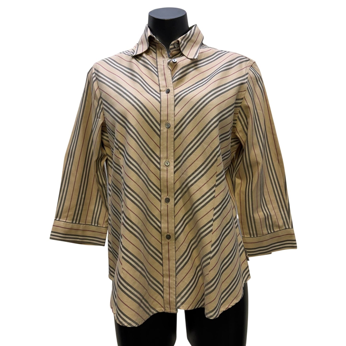 Burberry London Striped Button-Down Shirt Tan/Red 3/4 Sleeves XL