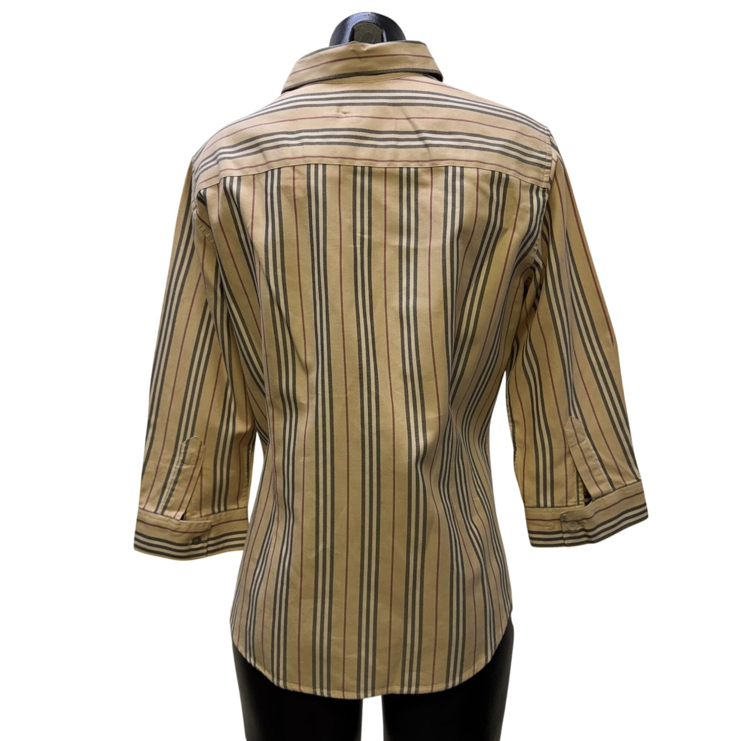 Burberry London Striped Button-Down Shirt Tan/Red 3/4 Sleeves XL