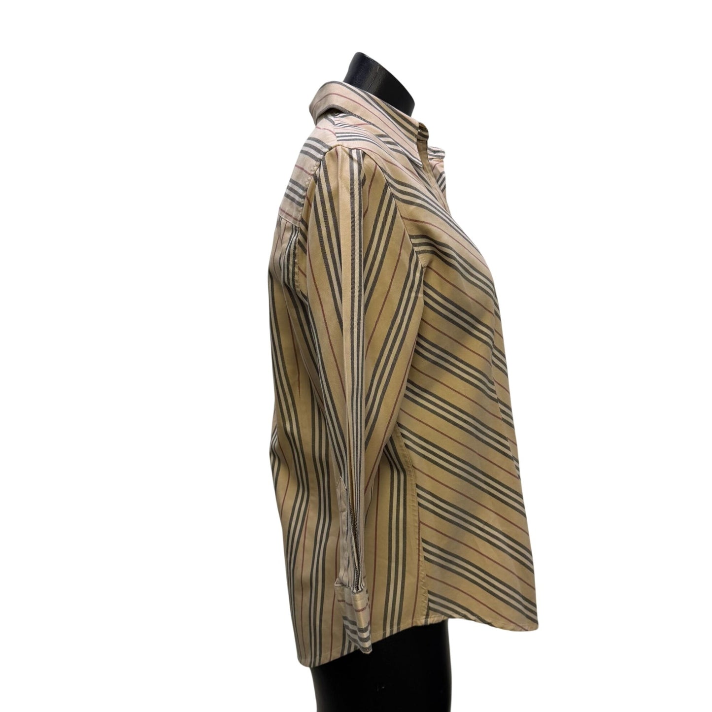 Burberry London Striped Button-Down Shirt Tan/Red 3/4 Sleeves XL