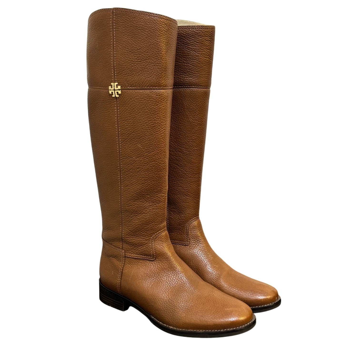 Tory Burch Brown Leather Riding Boots Size 8 With Gold Logo Detail