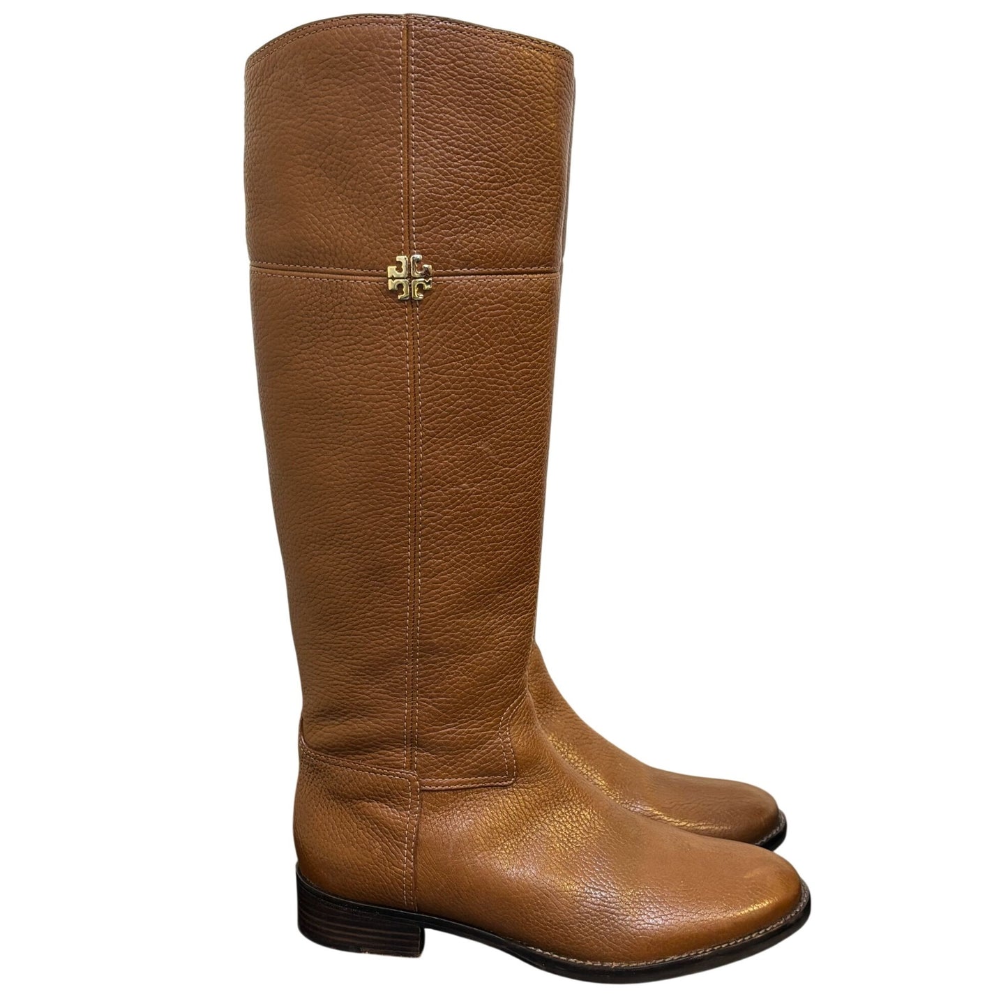 Tory Burch Brown Leather Riding Boots Size 8 With Gold Logo Detail