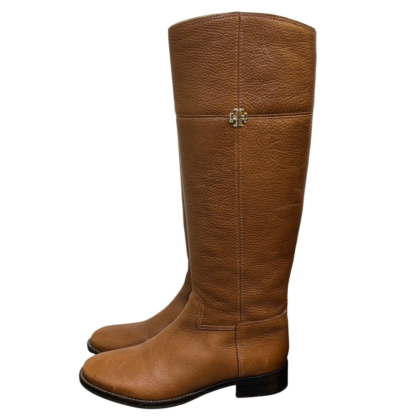 Tory Burch Brown Leather Riding Boots Size 8 With Gold Logo Detail