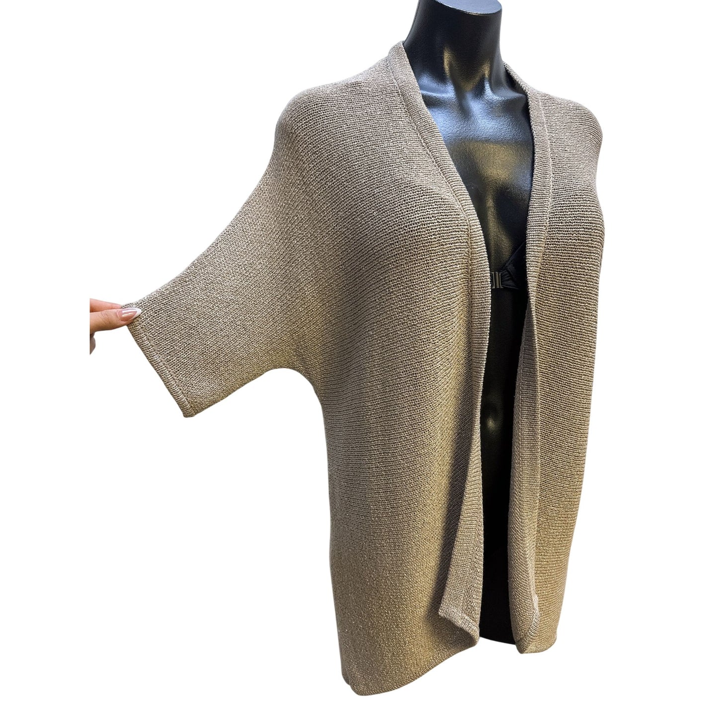 Chicos Metallic Open Front Short Sleeve Cardigan Sweater Gold Size 1 (M)