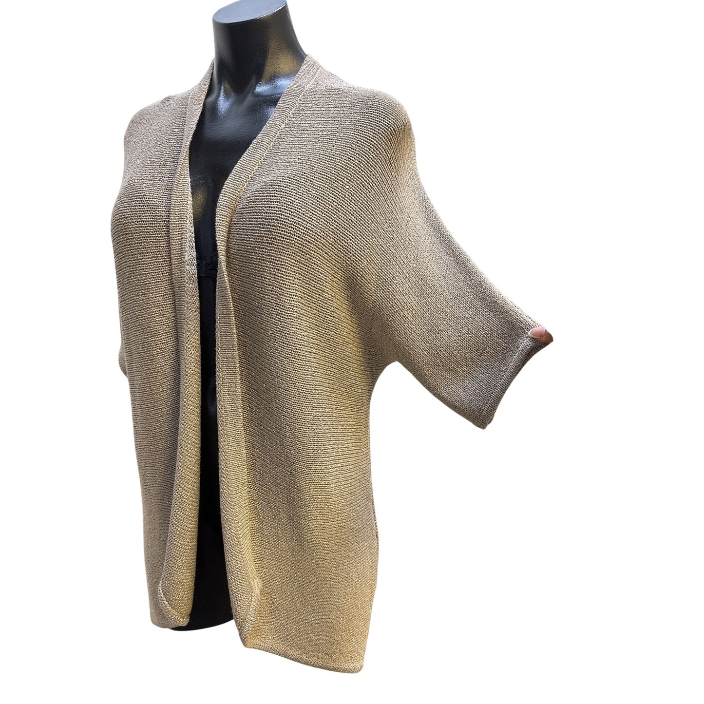 Chicos Metallic Open Front Short Sleeve Cardigan Sweater Gold Size 1 (M)