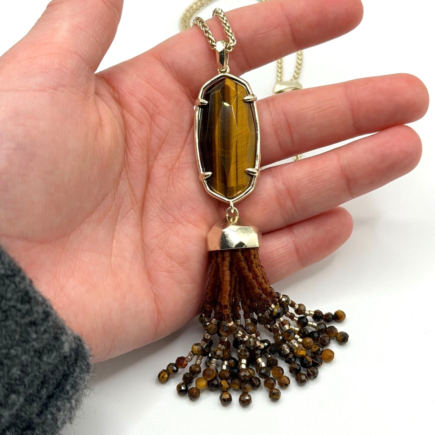 Kendra Scott Rayne Tassel Pendant Necklace In Tigers Eye Stone Gold-Tone