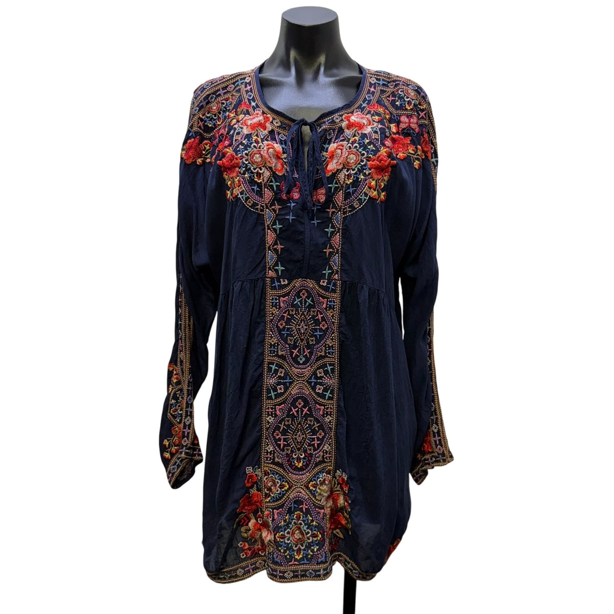 Johnny Was Embroidered Navy Multi Tunic Blouse Boho Floral XL